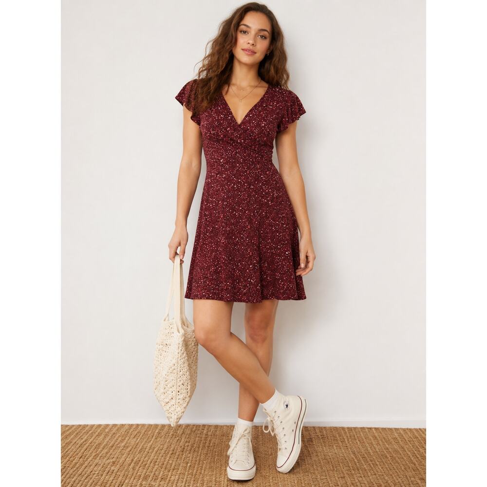 Aerie Burgundy Floral Flutter Sleeve Wrap Dress - Size Small - Picture 2 of 8